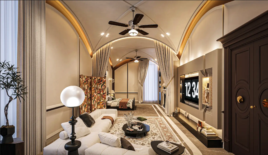 Residential interior designers in Gurugram — warm greige living room with brass accents